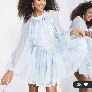 ASOS EDITION floral embroidered mesh mini dress with blouson sleeves in pale blu